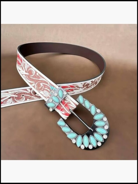 Western Leather Belt with Turquoise Buckle for Women Cowgirl Style